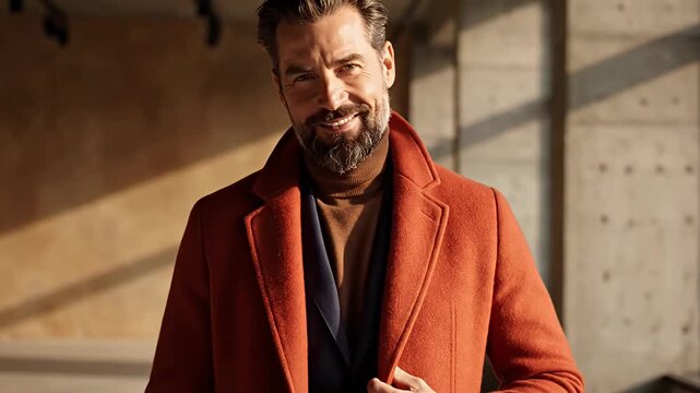 Man in orange overcoat posing outdoors during sunset hours.