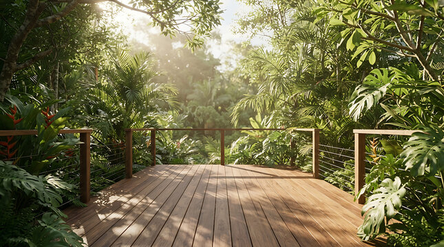 Sunlit Wooden Boardwalk Through Lush Tropical Forest with Vibrant Greenery & Peaceful Nature