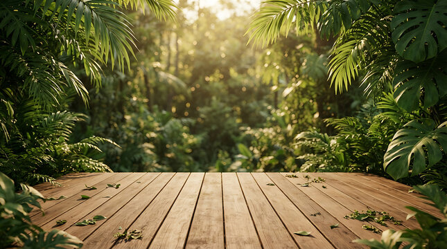 Tropical Wooden Pathway in Lush Green Forest with Sunlight & Palm Fronds