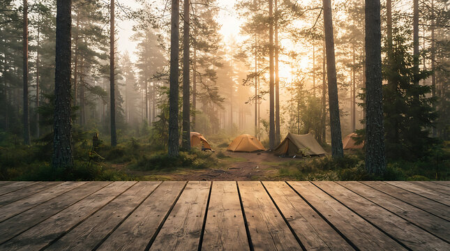 Peaceful Sunrise Forest Campsite with Tents in Golden Dawn Light