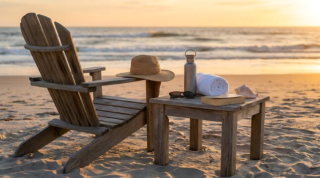 Tranquil Sunset Beach Scene with Adirondack Chair, Table, Hat, Book & Water Bottle