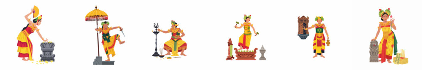 Fototapeta premium Collection of flat illustrations depicting traditional Balinese characters, dancers, and cultural elements in vibrant attire on a white background.