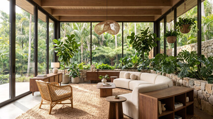 Fototapeta premium Cozy modern Biophilic living room surrounded by tropical greenery featuring neutral furniture natural wood woven textures and abundant daylight indoors