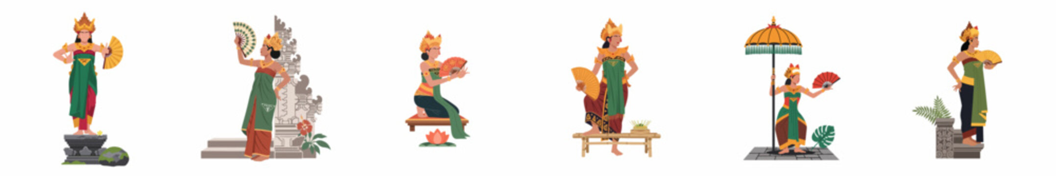 Set of traditional Balinese dancer illustrations in various poses featuring cultural costumes and fans on a white background.