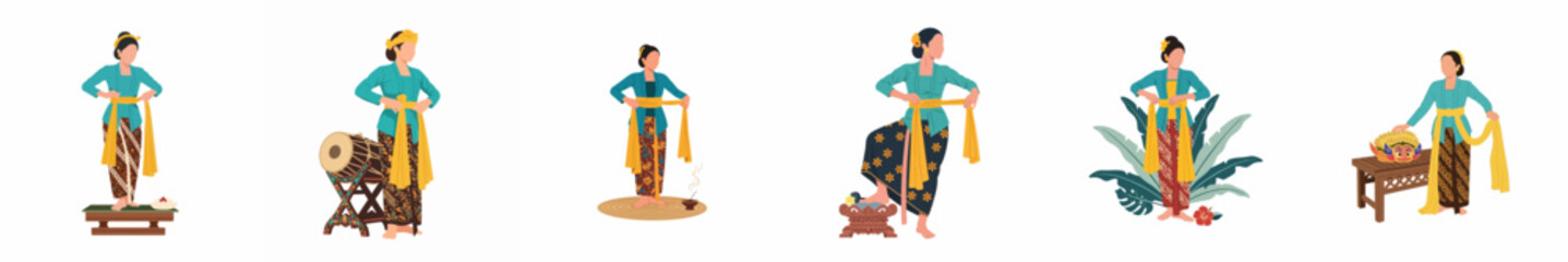 Fototapeta premium Illustrations of Indonesian women in traditional Javanese kebaya and batik, performing cultural dances and playing musical instruments on a white background.