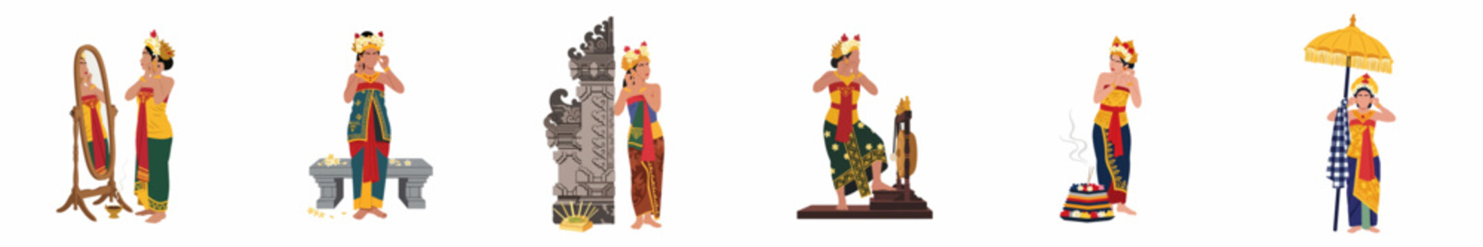 Collection of Traditional Balinese Dancer Illustrations in Various Cultural Poses and Settings Isolated on White Background