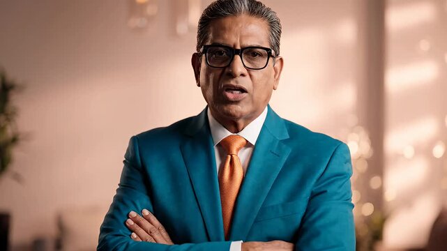 Smiling businessman in blue suit with arms crossed.