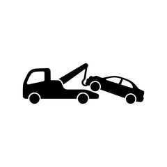Naklejka premium Black tow truck silhouette hauling damaged sedan car to repair shop.