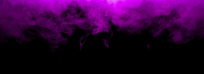 Abstract purple smoke drifts across a black background, creating vivid atmospheric texture with dramatic contrast mysterious mood, flowing motion, and creative depth for modern banner, overlay design. © wanchai peatoo