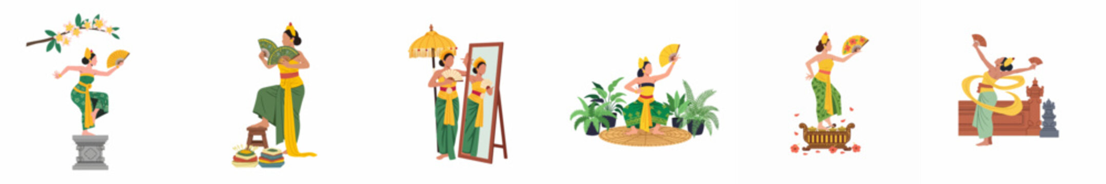 Set of Balinese Traditional Dance Illustrations Featuring Women in Cultural Attire, Performing and Preparing for Ceremonial Dances in Indonesia.