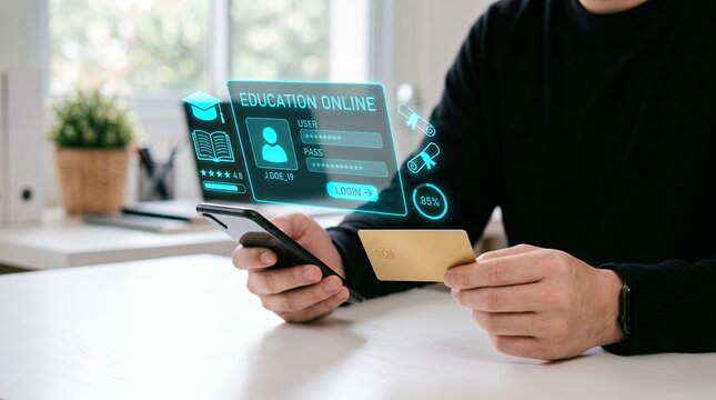 A person holding a smartphone and a credit card while interacting with glowing educational holograms representing online learning classes user profile management systems and virtual security
