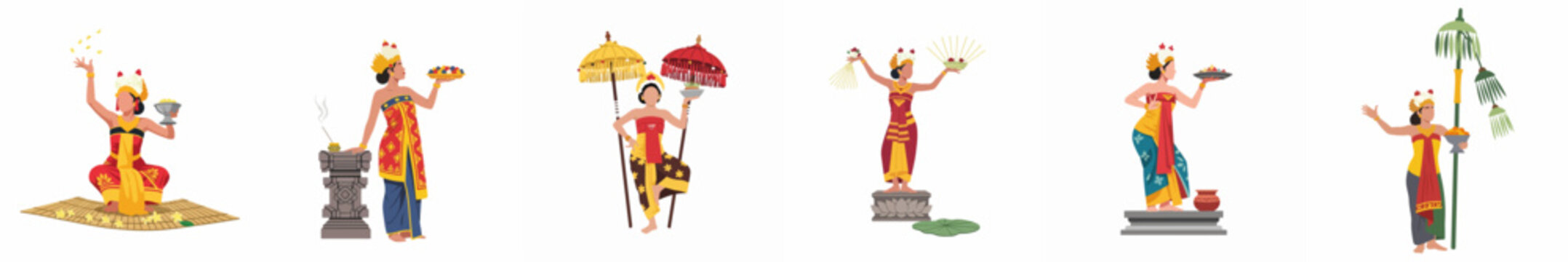 Set of traditional Balinese women illustrations performing cultural dances and ceremonies in colorful ethnic costumes isolated on a white background.