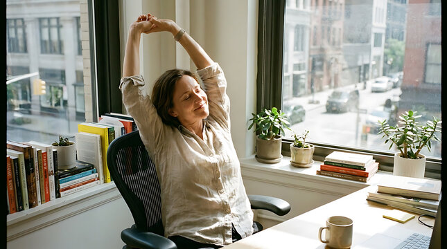 Mature woman stretching arms up in office chair by window with city view and books