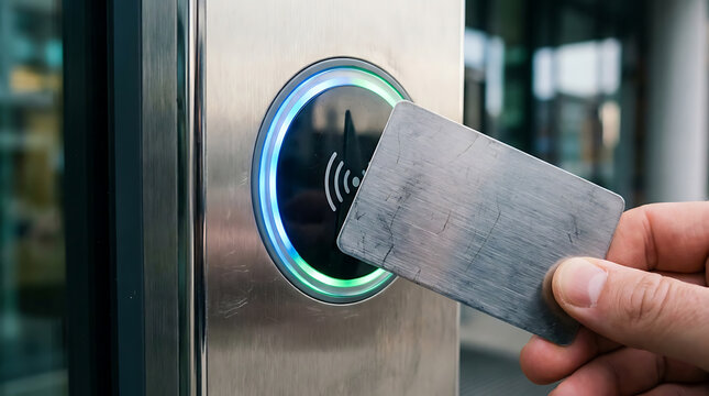 Hand holding a metal access card to a glowing circular reader with wifi symbol for entry