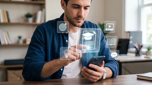 Young man using smartphone while interacting with digital educational icons and e learning symbols floating in the air inside a bright modern office interior setting during daylight hours