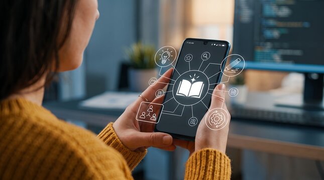 Young woman holding smartphone displaying interactive e learning icons and digital education concepts while studying online inside an office environment during evening hours