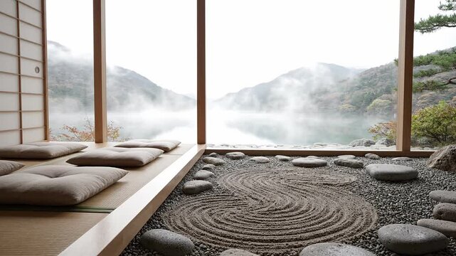 Zen garden interior with mountain lake view.