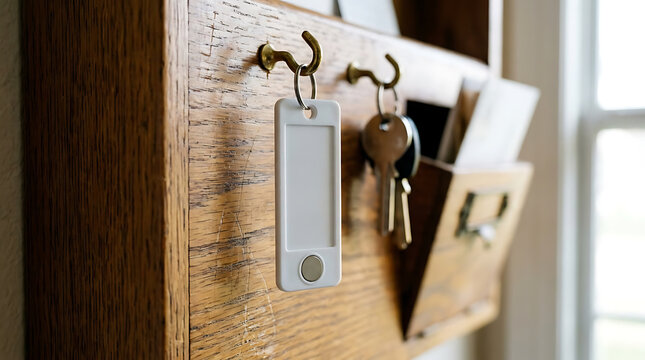 Wooden wall mounted key holder with blank white tag and metal keys hanging on hooks