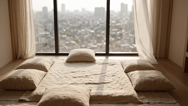 Zen meditation space with floor cushions and city view