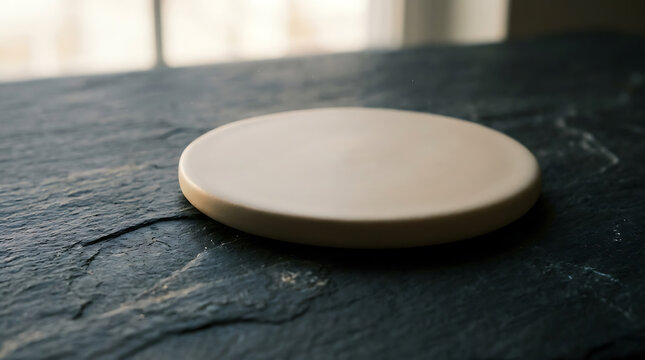 A plain beige ceramic plate rests on a dark textured slate surface with soft natural light in the background
