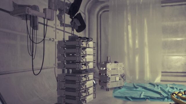 Space station interior abandoned rack units and draped fabric, lowkey lighting and muted color palette create eerie salvage mood, dust and disuse suggest