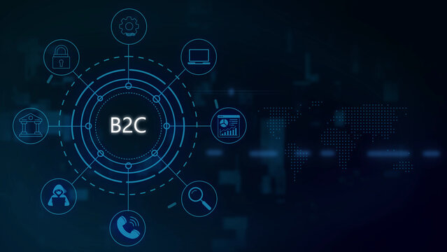 B2 c concept displayed on a glowing blue digital interface with circular network connections, for security, analytics, and communication on a dark background, with a dotted map