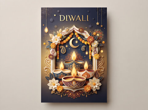 Elegant Diwali paper cut illustration with diya and floral decorations