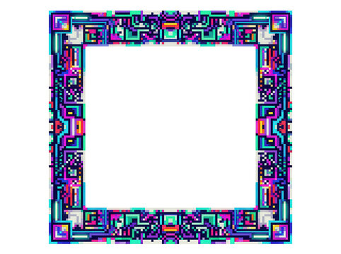 Vibrant pixelated square frame featuring intricate cyber patterns symmetrical borders neon graphical display commercial vector asset