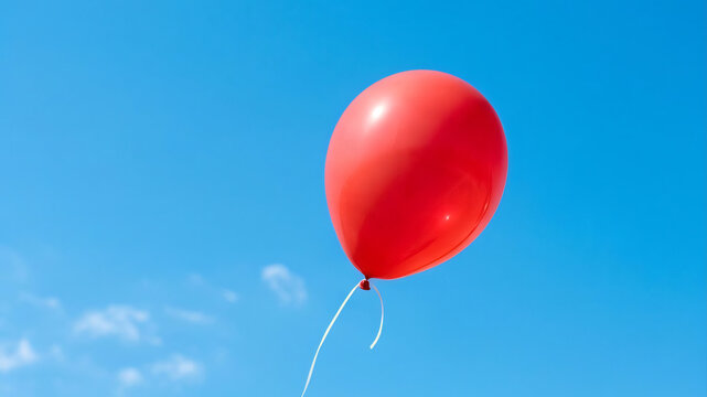 A single bright red balloon flying high in a clear blue sky, concept of freedom, hope, and minimalism.