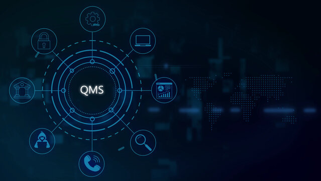 Digital interface displaying the text qms surrounded by a circular network of representing technology, business, communication, and data analysis on a dark blue background, with map