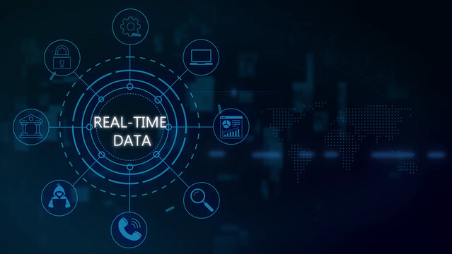 Digital interface displaying the text real-time data surrounded by a circular network of representing technology, business, communication, and data analysis on a dark blue background, with map