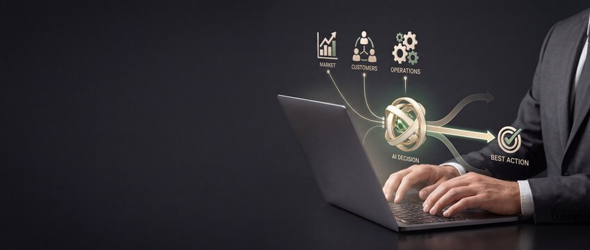 Autonomous AI agent orchestrating business tasks on a laptop screen, highlighting digital workforce and task delegation for technology banner and website header