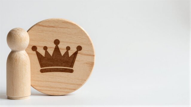 Wooden figure stands beside a circular plaque with a carved crown symbol.
