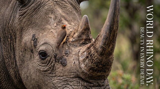 Close up portrait of a grey rhinoceros with a small brown oxpecker bird perched on its face near the large horn in a natural outdoor savanna habitat