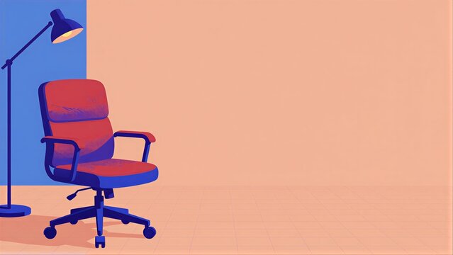 Red office chair and lamp in minimalist room with bold color blocks.