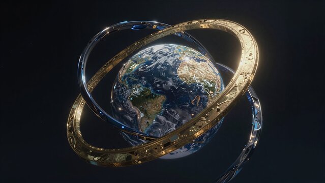 Earth encircled by glowing, interwoven rings against a dark cosmic backdrop.