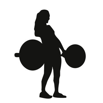 silhouette of a woman, girl lifting weights, doing exercises, working out and raising the bar