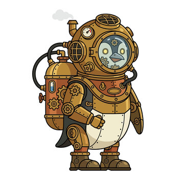 Steampunk penguin mascot wearing a vintage brass diving helmet and mechanical gear suit