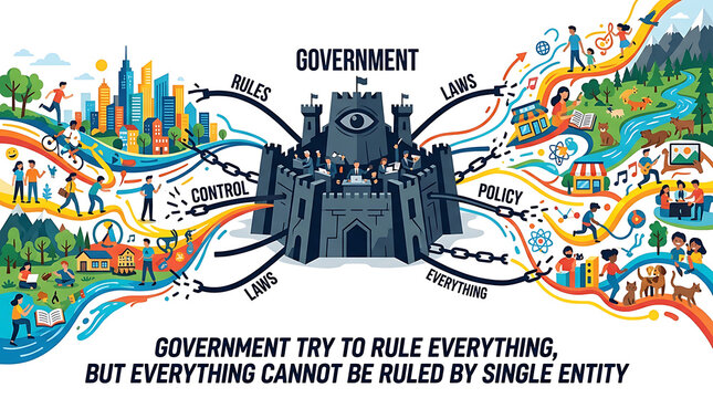 Government castle controlling society with laws and policies illustration.