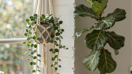 Fototapeta premium Cozy indoor plants with macrame hanging pot near window and large leafy plant.