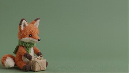 Naklejka premium Knitted fox in green scarf sits beside small wrapped gift on soft green background.