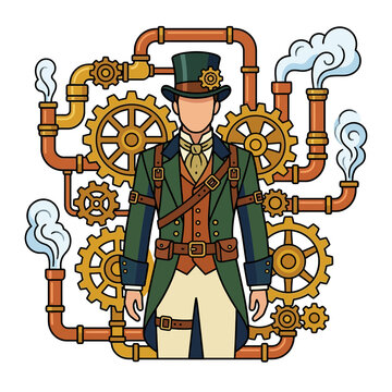Steampunk gentleman character with gears and pipes vector illustration isolated on white
