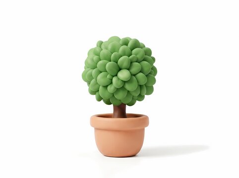3D Illustration of a Green Stylized Potted Plant Tree in Clay Style on a Clean White Background for Eco Design