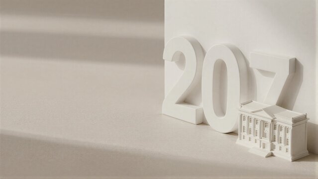 Minimalist white '2027' numerals with a small building model, set against soft beige studio backdrop.