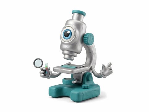 3D Illustration of a Microscope Character Mascot Holding a Magnifying Glass and Test Tube for Science and Education Concept