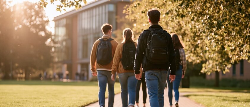 Students with backpacks walking on a sunny college campus for university education