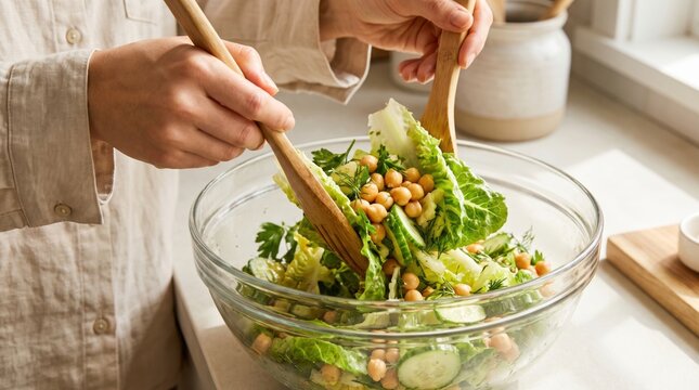 Hands lift and toss romaine lettuce, chickpeas, cucumber and dill with wooden servers in a clear glass bowl, showing effortless wholesome lunch preparation inside a warm sunlit kitchen setting