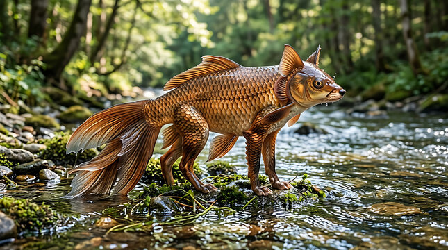 Surreal hybrid creature a fox with fish tail and scales in forest stream.