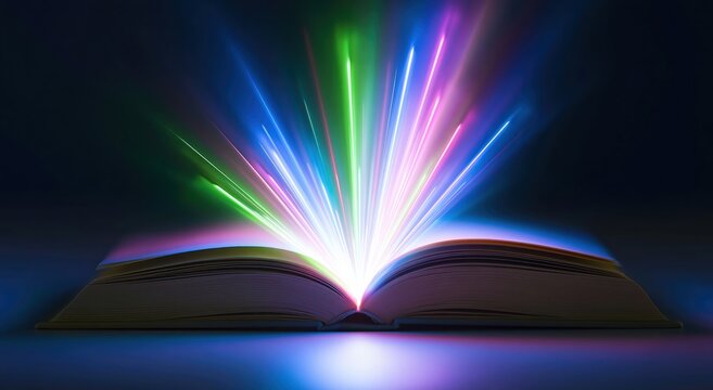 Book with glowing magic light beams representing imagination knowledge and fantasy