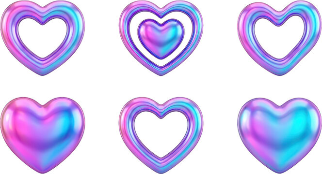 A collection of six glossy heart shapes in vibrant holographic purple and blue gradients arranged in two rows featuring both solid rounded forms and open contoured heart frames for decor